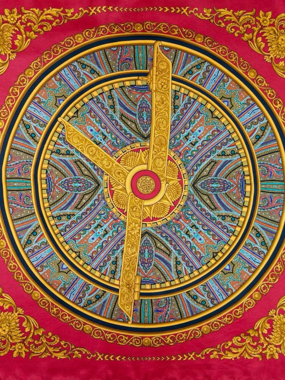 Longchamp Gold and Red Ornate Medallion Silk Scarf